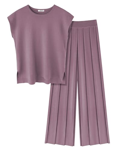 Image of Ekouaer Lounge Sets for Women Two Piece Outfits Knit Cap Sleeve Tops Wide Leg Pleated Pants Casual Dressy Sweater Sets