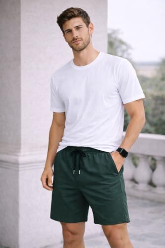 Image of Men's Solid Cotton Lounge Shorts | Premium Soft Breathable Casual Shorts with Elastic Drawstring Waist | Regular Fit Above Knee for Home, Gym & Travel