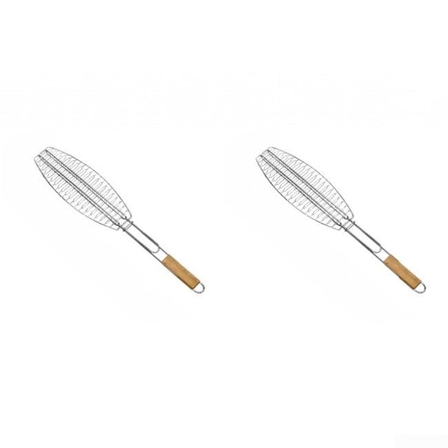 Parrilla de pescado de acero inoxidable diseñada para estabilidad y durabilidad con mango de madera para reducir la transferencia de calor durante el uso de la barbacoa
