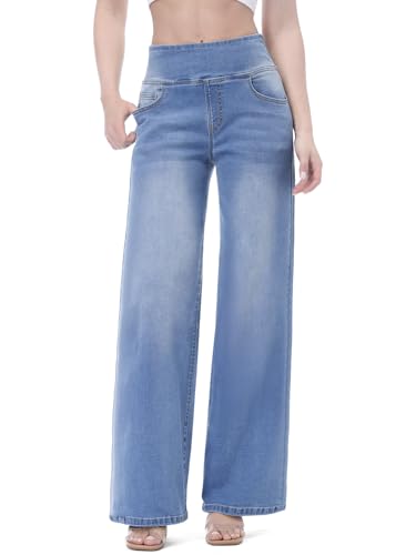 Chasehot Baggy Jeans Damen,Pull On Wide Leg Jeans Mit Gummibund High Waist Stretch,Weites Bein Jeans Damen Mit 4 Taschen Jeanshose zum Anziehen,Mittelblau-M,31'