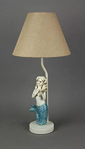 Zeckos Set of 2 Blue Glitter Mermaid Table Lamps Coastal Beach Decor Burlap Shades 22.5 Inches High - Image 3
