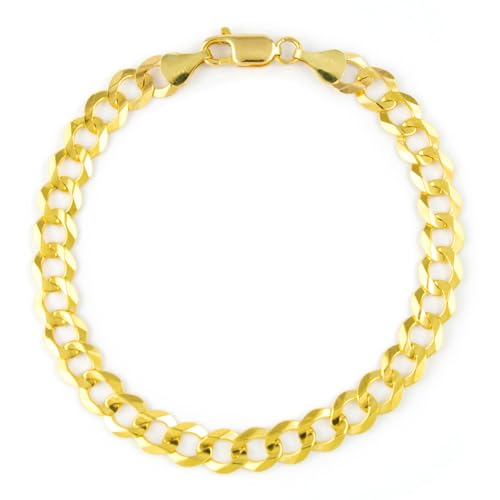 Nuragold 14k Real Yellow Gold Solid Cuban Curb Link 7mm Chain Bracelet (7"-9") Italian Jewelry for Men - 8.5"