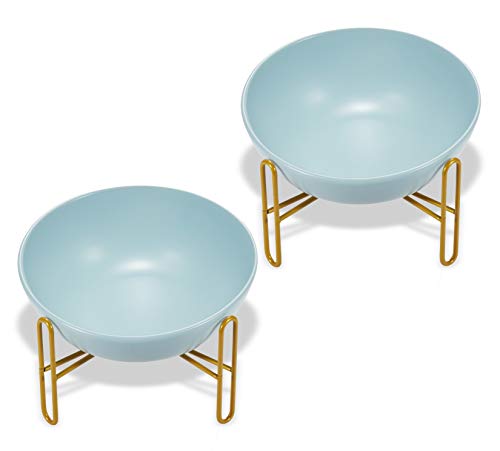 Supremery 2 x voederbak kat met metalen houder goud - voederstation voederbak 2 x keramische kom voor katten honden, rond in pastelkleuren - keramische voerbak set voederbaar met metalen houder