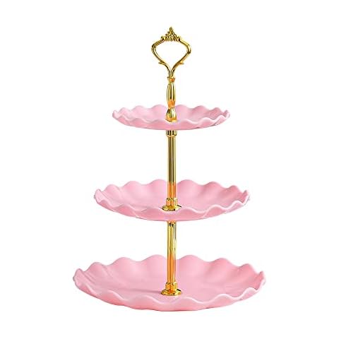 Plastic Cupcake Stand Holder - 3 Tier Tray Dessert Stands Tower - Tiered Serving Tray for Wedding | Baby Shower | Tea Party | Birthday - Pink Cover