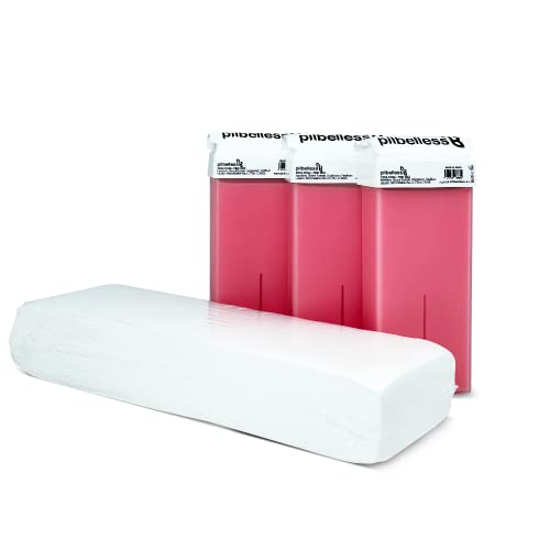 MUNTRADE Pack 100 Bandas Depilatorias + 3 Cartuchos de Cera Roll On Rosa, 500.0 gramo