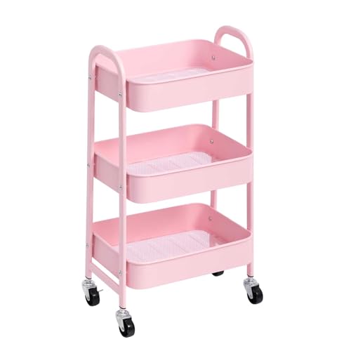 AGTEK 3 Tier Utility Rolling Cart with Lockable Wheels, Metal Multifunctional Storage, Organizer Cart for Kitchen, Office, Living Room, Makeup, Craft, Art Studio, Pink