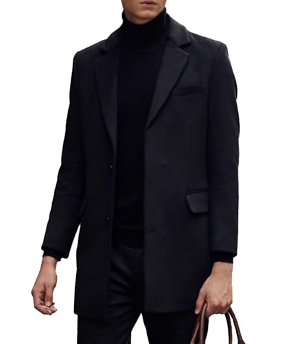 SOMTHRON Men's Mid Long Trench Coat Single Breasted Notched Collar Slim Fit Peacoat Winter Jacket Overcoat