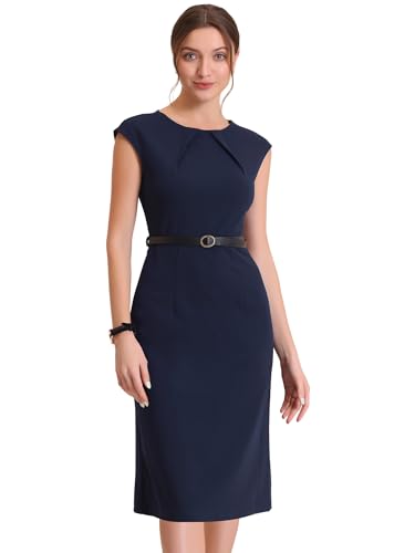 Allegra K Damen Bürokleid Ärmellos Rundhalsausschnitt Flügelärmeln Gürtel Elegant Etuikleid Kleid Dunkelblau S