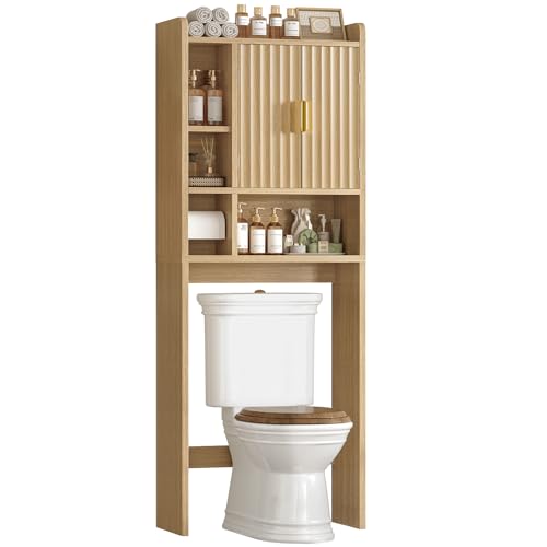Image of TEENFON Over The Toilet Storage Cabinet with 4 Open Shelves and Adjustable Shelf, Extra Tall Bathroom Organizer Unit with 2 Wood Doors, Home Space Saver for Bathroom, Laundry Room, Natural