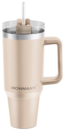 IronMaxx Tazza con manico, beige, 1,2 l, con cannuccia inclusa, design moderno e sottile, in acciaio inox, coperchio a tenuta stagna e isolamento a doppia parete, mantiene caldo e freddo