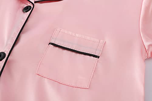 Schbbbta Girls Satin Nightgown Button Down Short Sleeve Silky Sleepwear Nightshirt Dress, Q-Pink, 11-12 Years, 160 #TOP3