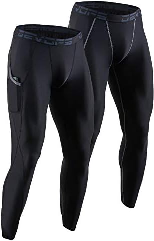 DEVOPS 2 Pack Men's Compression Pants Athletic Leggings with Pocket (Medium, Black/Black)