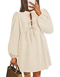 ZESICA Women's Dress Fall Long Puff Sleeve Self Tie Front Babydoll A Line Pleated Cute Mini Tunic Dresses 2025,Apricot,Medium