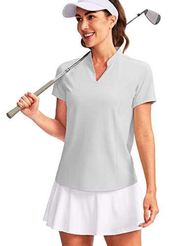 Obla Women's Golf Polo Shirt V-Neck Short Sleeve Collarless Quick Dry Tennis Running T Shirt Golf Tops For Women(Light Grey_M) #TOP23