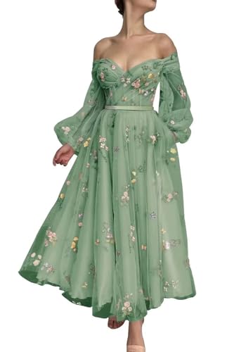 JIIL Damen Ballkleid Lang A-Linie - Mädchen Prinzessin Abiballkleid Blumen Spitzen 3-Salbeigrün 48