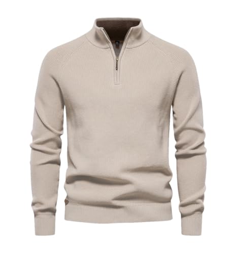 Men's Cotton Half Zip Pullover Sweater Long Sleeve High Collar Sweater Warm Winter Knitted Sweater