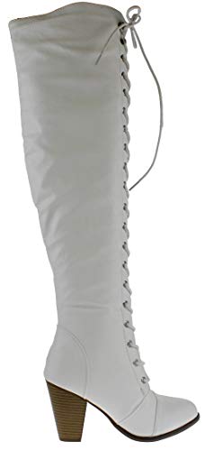 Forever Women's Chunky Heel Lace Up Over-The-Knee High Riding Boots,White,62