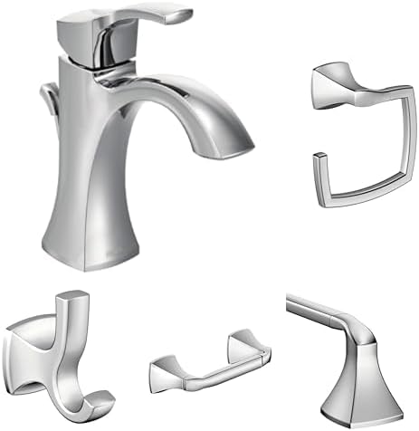 Moen Voss Chrome Bathroom Set - Single Hole Faucet 6903 with 24-Inch Towel Bar, Hand Towel Ring, Pivoting Toilet Paper Holder, and Double Robe Hook