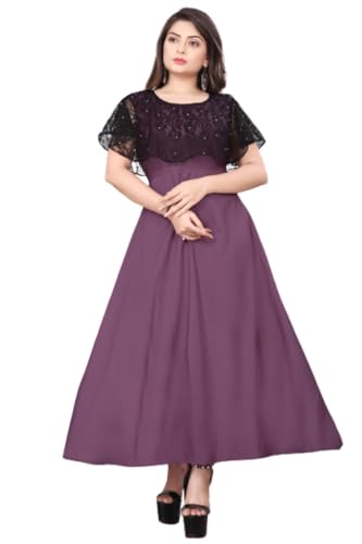 Image of Women's Poly Crepe Round Neck Plain Gown Dress