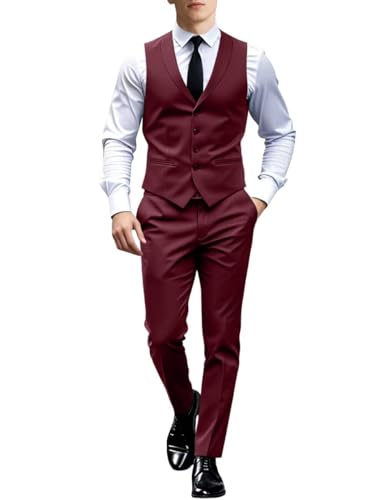 Mens Suits 2 Pieces Slim Fit Formal Suit Waistcoat Grooms Tuxedos for Business Wedding Prom Vest Pants Set