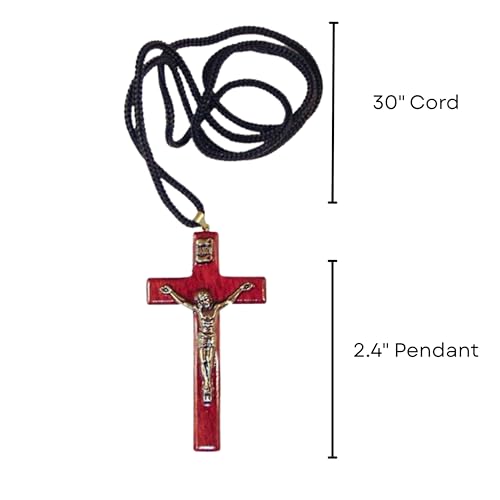 Catholica Shop Religious Wear Handcrafted Cherry Wood Corded Necklace Cross Pendant for Men and Women. Made in Brazil - 2.4 Inches4
