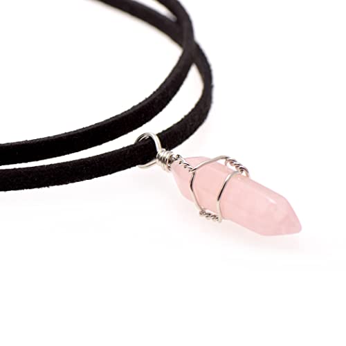Paialco Hand Wired Healing Crystal Point Charm Double Layers Black Rope Choker Necklace, Rose Quartz #TOP2