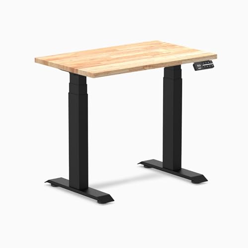 Image of Desky Small Electric Standing Desk, 32 x 20 inches Rubberwood Height Adjustable Sit Stand Desk with Dual Motor and Memory Presets, Compact Home Office Workstation - Natural Wood Top