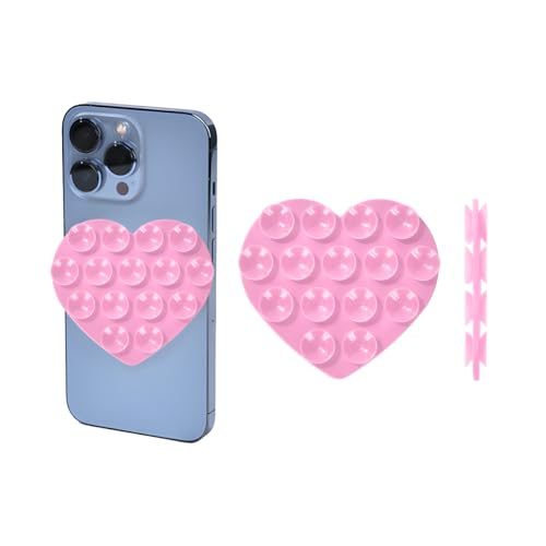 KHGUZ Silicone Car Suction Cup Phone Case Mount, 2PCS Double Sided Heart Shape Vehicle Phone Holder, Hands-Free Sticky Grip Automotive Cell Phone Holder for Selfies Videos, Universal Fit (Pink)
