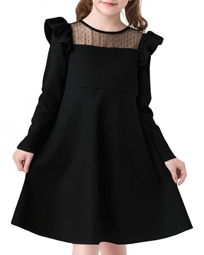Girls Casual Dress, Crew Neck Cute Girls Ruffle Long Sleeve A Line Mesh Party Dress for Kids Teens, Size 5-14 Years