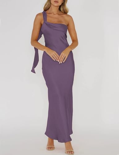 Image of 2026 Satin One Shoulder Maxi Dress for Women Summer Silk Formal Elegant Backless Ruffle Sleeveless Wedding Guest Dresses