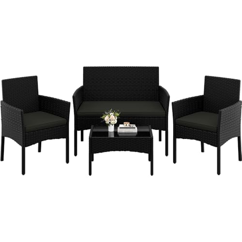 Yaheetech Salon de Jardin 4 Personnes en Polyrotin et Métal Ensemble Mobilier d'extérieur 4 Pièces avec Coussin Canapé 2 Places 2 Fauteuils 1 Table Basse pour Balcon Terrasse