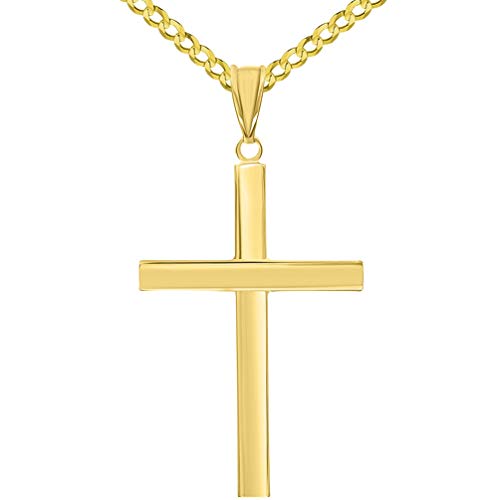 14k Yellow Gold Polished Simple Religious Cross Pendant with Cuban Chain Necklace