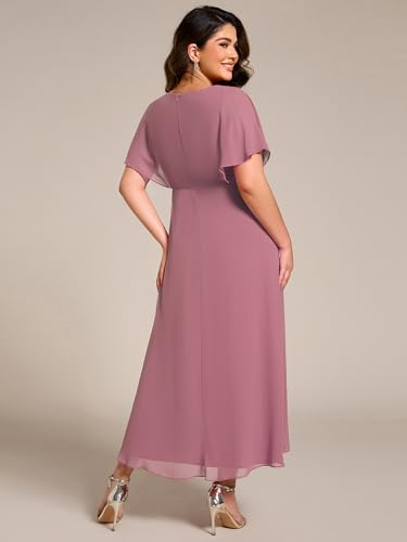 Image of Ever-Pretty Plus Women's V Neck Applique Plus Size Wedding Guest Dress Short Sleeves Maxi Formal Dresses