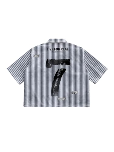 GORGLITTER Men's Ripped Letter Graphic Y2k Button Down Shirt Striped Short Sleeve Street Tops