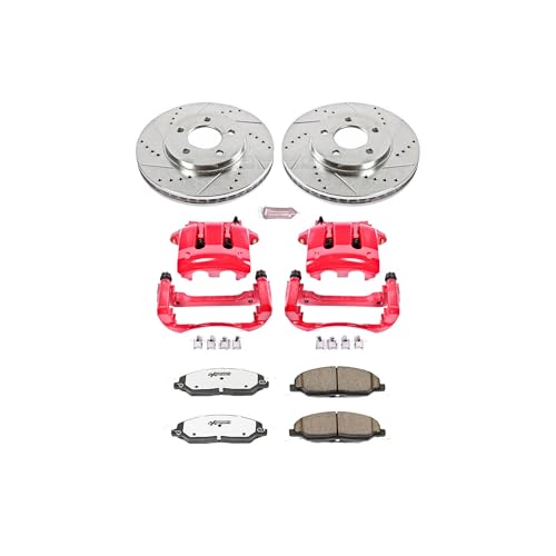 Image of PowerStop Front Brake & Caliper Kit for Ford Mustang 2005-10 - Drilled & Slotted Disc Rotors + Carbon-Fiber Ceramic Brake Pads + Red-Powder Coated Calipers, KC1382-26