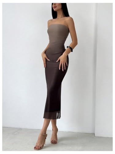 Image of GORGLITTER Women's Sunset Ombre Strapless Cocktail Bridal Shower Midi Dress | Orange Wedding Guest Dress, Mesh Tube Dress, Bridesmaid Dresses, Vacation Beach Sundresses,