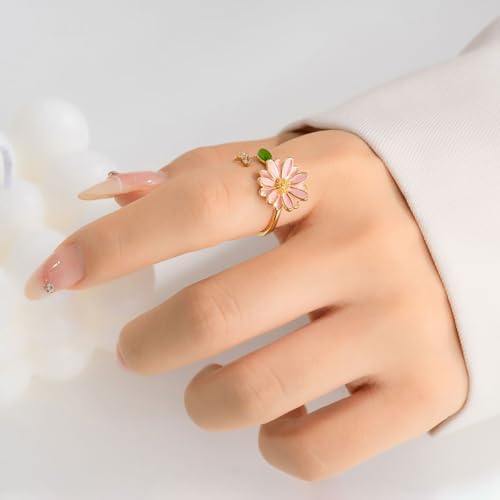 Kokoma Pink Daisy Flower Ring for Women Green Leaf Cubic Zirconia Wrap Finger Flower Open Statement Ring Promise Engagement Rings Fashion Jewelry2