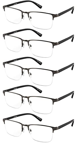 EYECEDAR 5-Pack Reading Glasses Men Metal Half Frame Rectangle Style Stainless Steel Material Clear Lens Readers 2.00