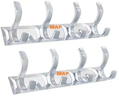 MAP Pack of 2 Stainless Steel Premium Fescue Dual Edge 4 pin Cloth Hanger. Bathroom Wall Door Hook.Silver crome Hook