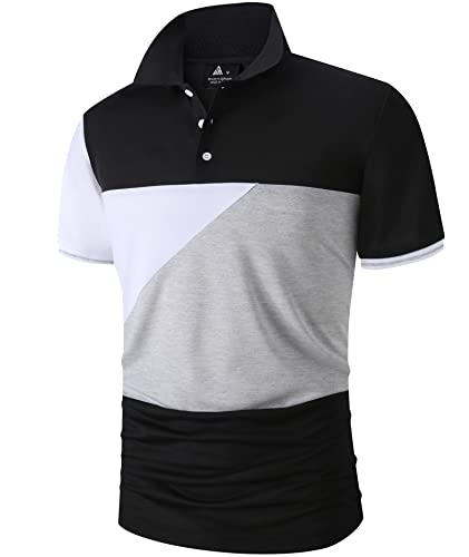 SWISSWELL Men's Polo Shirt Short Sleeves, Classic Polo Shirts Solid Color with Pockets Casual Mesh Patchwork Lapel T-Shirts(012-BWG, M)