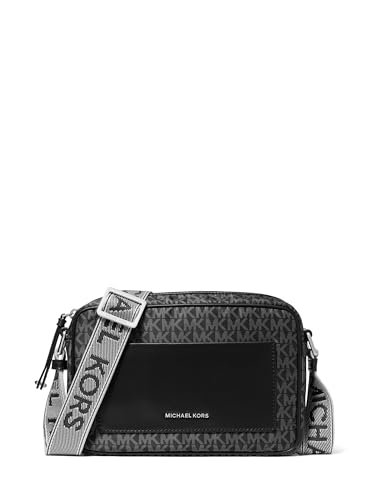 Michael Kors Jet Set Large Webbing Strap Crossbody Bag, Silver-Tone Hardware/Tonal MK Signature Nylon with MK Logo Webbing/Black