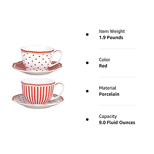 Grace Teaware Red Dot Stripes Scallop 9-Ounce Porcelain Tea/Coffee Cup And Saucer, Set Of 2 (G1960264Rd-2) #TOP5