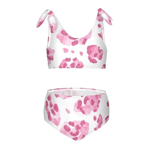 KLL Pink Glitter Leopard Print Girls' Two Piecing Bikini Set Scoop Neck Swimsuit Swimming Suits Cute Shoulder Strap