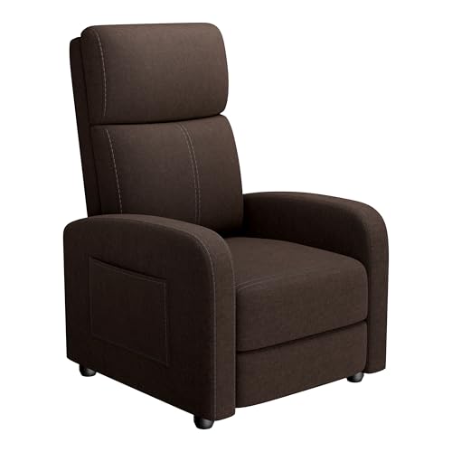 GarveeHome Linen Fabric Manual Recliner Chair, with Side Pocket, High Backrest, Thick Cushion, Adjustable Push Back Recliner, Lazy Lounge Chair for Living Room, Home Theater, Bedroom, Brown 