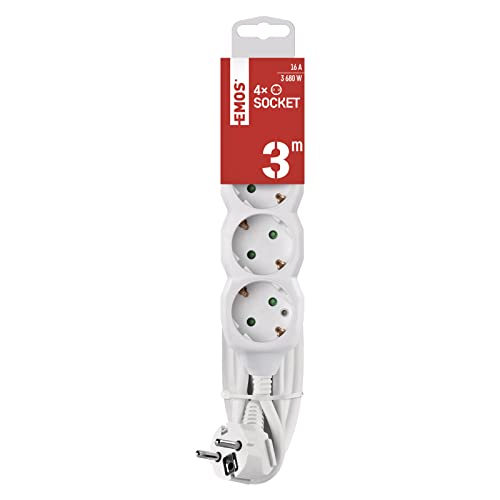 EMOS - 4-fach Steckdosenleiste 3m - 4 Schuko-Steckdosen 45&deg; gedreht - 250 V, 16 A, 3680 W - hochwertige PVC-Isolierung - H05VV-F3G 1,5 mm2 - erh&ouml;hter Ber&uuml;hrungsschutz - IP20 f&uuml;r Innen - wei&szlig;