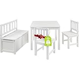 Bomi Kindersitzgruppe Anna mit integrierter Spielzeugkiste | Kinderzimmer-Set inkl. Kindertisch mit 2 Stühlen & Kindertruhenbank | Kindermöbel aus FSC nachhaltigem Kiefern Massiv Holz | Weiß