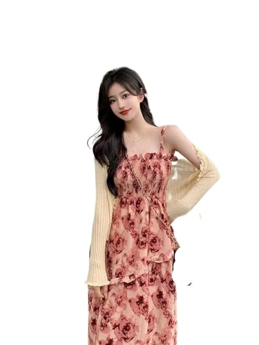 Robe longue à caraco motifs floraux robe décontractée femme rouge L
