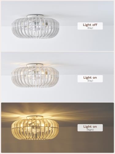 Image of Wood Caged Farmhouse Ceiling Fans with Lights for Bedroom, White, 20 inch | Flush Mount,Rustic, Remote Control, Wooden Low Profile for Living Room, Nursery