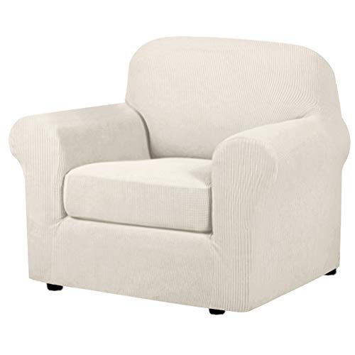 H.VERSAILTEX 2-Pieces Armchair Cover Chair Slipcovers with Arms Furniture Protector Cover Fit Armchair Width Up to 47 Inch, Jacquard Spandex Couch Covers Armchair Slipcover – Ivory, Chair