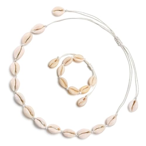 Haefan Shell Necklace Bracelet Set Natural Shell Choker Necklace Set 2Pcs Adjustable Seashell Pendant for Women Girls Men Beach Summer Bohemian Jewelry Mermaid Jewellery Gift Set